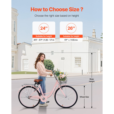 VEVOR ποδήλατο Cruiser 26 ιντσών 1-ταχύτητα Pink Beach Cruiser ποδήλατο με καλάθι