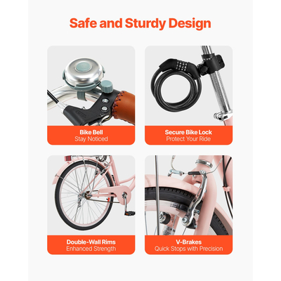 VEVOR ποδήλατο Cruiser 26 ιντσών 1-ταχύτητα Pink Beach Cruiser ποδήλατο με καλάθι