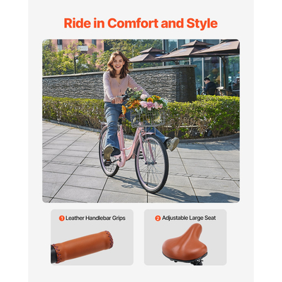 VEVOR 26-ιντσών Cruiser Bike 7-Speed ​​Pink Beach Cruiser Bike with Basket