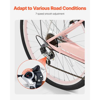 VEVOR 26-ιντσών Cruiser Bike 7-Speed ​​Pink Beach Cruiser Bike with Basket