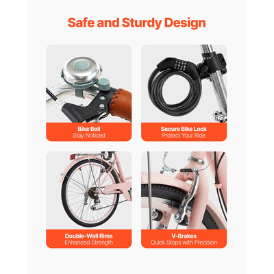 VEVOR 26-ιντσών Cruiser Bike 7-Speed ​​Pink Beach Cruiser Bike with Basket