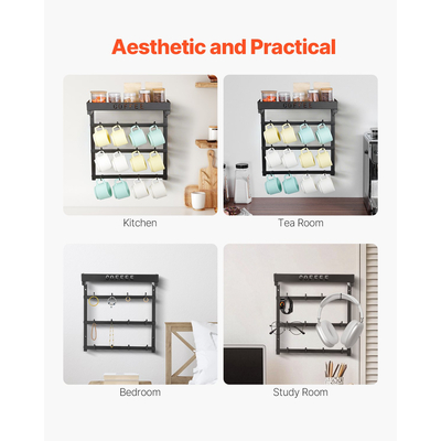 Βάση κούπας καφέ VEVOR Επιτοίχια με 12 κινητούς γάντζους και επάνω ράφι για φλιτζάνια