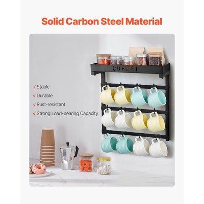 Βάση κούπας καφέ VEVOR Επιτοίχια με 12 κινητούς γάντζους και επάνω ράφι για φλιτζάνια