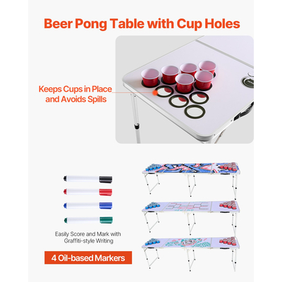 VEVOR 2,4 m Φορητό Beer Pong Tailgate Επιτραπέζιο πάρτι Παιχνίδι Κυπέλλου Τρύπες Μπάλες πονγκ