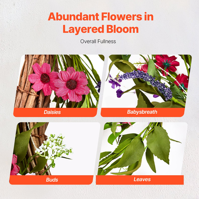 VEVOR Τεχνητό Διακοσμητικό στεφάνι 22 σε ροζ πράσινες μαργαρίτες Στεφάνι όλο το χρόνο