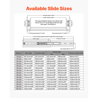 VEVOR 1 Pair 16-60 in Soft-Close Drawer Slides Ball Bearing Full Extension