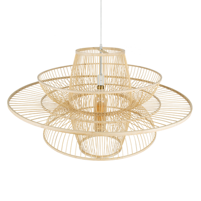 GloboStar® BALI 01758 Boho Κρεμαστό Φωτιστικό Πλέγμα Μονόφωτο 1 x E27 IP20 Μπεζ Ξύλο - Μ100 x Π100 x Υ60cm