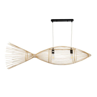 GloboStar® FISH 01927 Μοντέρνο Κρεμαστό Φωτιστικό Πλέγμα Δίφωτο 2 x E27 IP20 Μπεζ Ξύλο - Μ130 x Π42 x Υ42cm