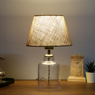 GloboStar® TRANS 204-0055 Μοντέρνο Eπιτραπέζιο Φωτιστικό Μονόφωτο 1 x E27 IP20 Διάφανο Πλαστικό με Μπεζ Ύφασμα - Μ22 x Π22 x Υ14cm