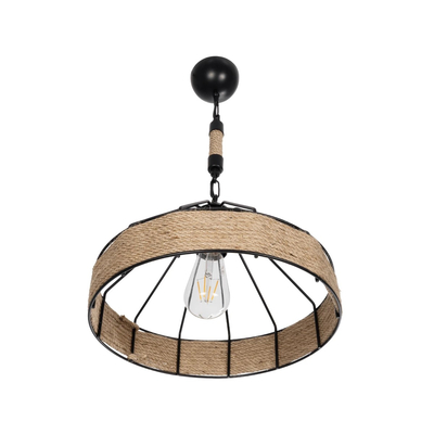 GloboStar® ZION 203-0003 Vintage Κρεμαστό Φωτιστικό Σχοινί Μονόφωτο 1 x E27 IP20 Μαύρο Μέταλλο με Μπεζ Σχοινί - Μ33 x Π33 x Υ29cm