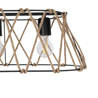GloboStar® GATSBY 203-0006 Vintage Κρεμαστό Φωτιστικό Σχοινί Τρίφωτο 3 x E27 IP20 Μαύρο Μέταλλο με Μπεζ Σχοινί - Μ60 x Π28 x Υ22cm