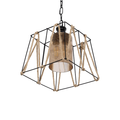 GloboStar® GATSBY 203-0007 Vintage Κρεμαστό Φωτιστικό Σχοινί Μονόφωτο 1 x E27 IP20 Μαύρο Μέταλλο με Μπεζ Σχοινί - Μ25 x Π25 x Υ25cm