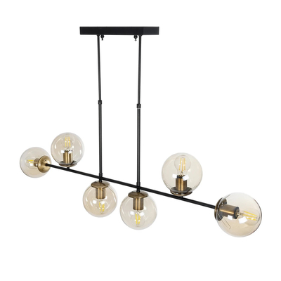 GloboStar® LATTICE 203-0016 Μοντέρνο Κρεμαστό Φωτιστικό Ράγα Πολύφωτο 6 x E27 IP20 Μαύρο & Μπρούτζινο Μέταλλο με Mελί Γυαλί - Μ120 x Π15 x Υ32cm