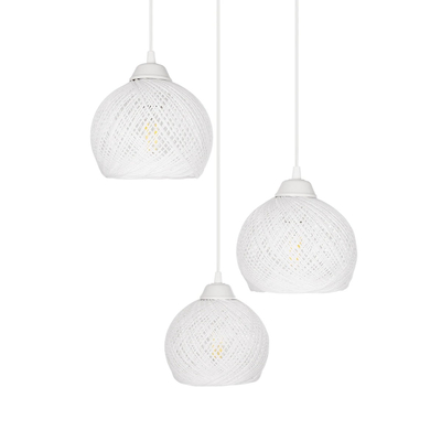 GloboStar® YASAM 203-0023 Vintage Κρεμαστό Φωτιστικό Πλέγμα Τρίφωτο 3 x E27 IP20 Λευκό Ρατάν - Μ42 x Π42 x Υ54cm