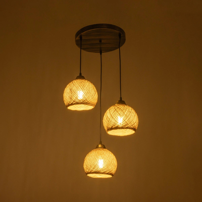 GloboStar® YASAM 203-0025 Vintage Κρεμαστό Φωτιστικό Πλέγμα Τρίφωτο 3 x E27 IP20 Καφέ Ρατάν - Μ42 x Π42 x Υ54cm