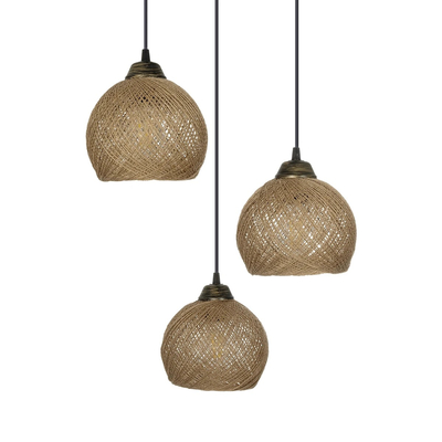 GloboStar® YASAM 203-0025 Vintage Κρεμαστό Φωτιστικό Πλέγμα Τρίφωτο 3 x E27 IP20 Καφέ Ρατάν - Μ42 x Π42 x Υ54cm