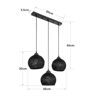 GloboStar® YASAM 203-0026 Vintage Κρεμαστό Φωτιστικό Ράγα Τρίφωτο 3 x E27 IP20 Μαύρο Ρατάν - Μ45 x Π18 x Υ30cm