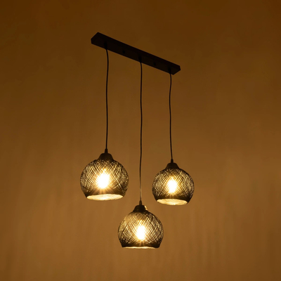 GloboStar® YASAM 203-0026 Vintage Κρεμαστό Φωτιστικό Ράγα Τρίφωτο 3 x E27 IP20 Μαύρο Ρατάν - Μ45 x Π18 x Υ30cm