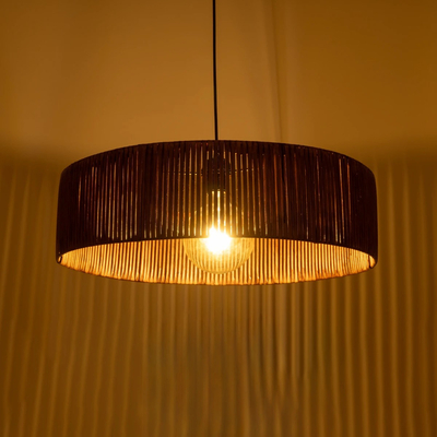 GloboStar® KYCLOS 203-0045 Boho Κρεμαστό Φωτιστικό Καπέλο Μονόφωτο 1 x E27 IP20 Καφέ Rattan - M55 x Π55 x Υ20cm