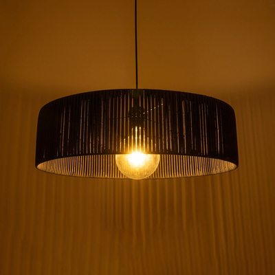 GloboStar® KYCLOS 203-0046 Boho Κρεμαστό Φωτιστικό Καπέλο Μονόφωτο 1 x E27 IP20 Μαύρο Rattan - M55 x Π55 x Υ20cm