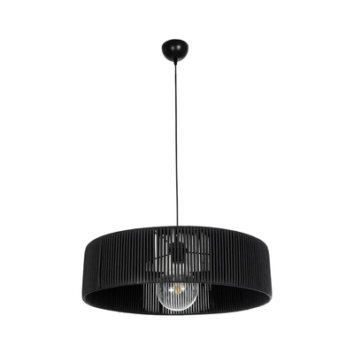GloboStar® KYCLOS 203-0046 Boho Κρεμαστό Φωτιστικό Καπέλο Μονόφωτο 1 x E27 IP20 Μαύρο Rattan - M55 x Π55 x Υ20cm