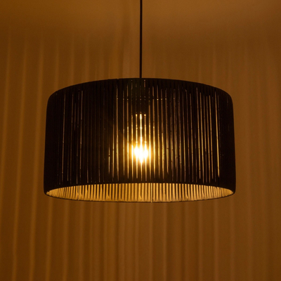 GloboStar® KYCLOS 203-0048 Boho Κρεμαστό Φωτιστικό Καπέλο Μονόφωτο 1 x E27 IP20 Μαύρο Rattan - M40 x Π40 x Υ25.5cm