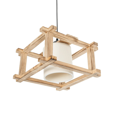 GloboStar® CUP 203-0053 Vintage Κρεμαστό Φωτιστικό Πλέγμα Μονόφωνο 1 x E27 IP20 Μπεζ Ξύλο με Λευκό Ύφασμα - Μ32 x Π32 x Υ20cm