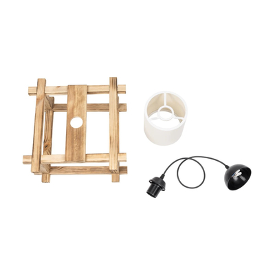 GloboStar® CUP 203-0053 Vintage Κρεμαστό Φωτιστικό Πλέγμα Μονόφωνο 1 x E27 IP20 Μπεζ Ξύλο με Λευκό Ύφασμα - Μ32 x Π32 x Υ20cm