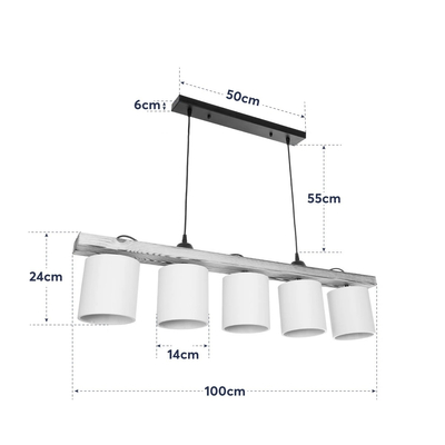 GloboStar® CUP 203-0054 Vintage Κρεμαστό Φωτιστικό Ράγα Πολύφωτο 5 x E27 IP20 Μπεζ Ξύλο με Λευκό Ύφασμα - Μ100 x Π14 x Υ71cm