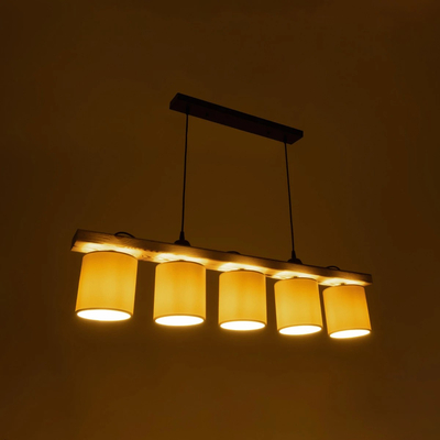 GloboStar® CUP 203-0054 Vintage Κρεμαστό Φωτιστικό Ράγα Πολύφωτο 5 x E27 IP20 Μπεζ Ξύλο με Λευκό Ύφασμα - Μ100 x Π14 x Υ71cm