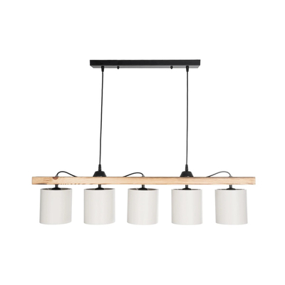 GloboStar® CUP 203-0054 Vintage Κρεμαστό Φωτιστικό Ράγα Πολύφωτο 5 x E27 IP20 Μπεζ Ξύλο με Λευκό Ύφασμα - Μ100 x Π14 x Υ71cm