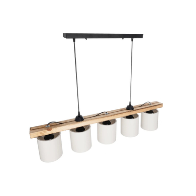 GloboStar® CUP 203-0054 Vintage Κρεμαστό Φωτιστικό Ράγα Πολύφωτο 5 x E27 IP20 Μπεζ Ξύλο με Λευκό Ύφασμα - Μ100 x Π14 x Υ71cm