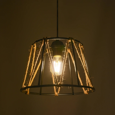 GloboStar® JUTE 203-0090 Μοντέρνο Κρεμαστό Φωτιστικό Σχοινί Μονόφωτο 1 x E27 IP20 Μαύρο Πλαστικό με Μπεζ Σχοινί - Μ30 x Π30 x Υ23cm