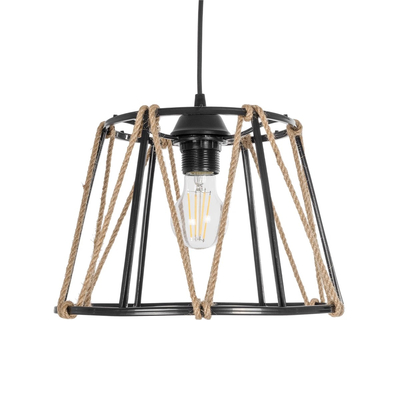 GloboStar® JUTE 203-0090 Μοντέρνο Κρεμαστό Φωτιστικό Σχοινί Μονόφωτο 1 x E27 IP20 Μαύρο Πλαστικό με Μπεζ Σχοινί - Μ30 x Π30 x Υ23cm