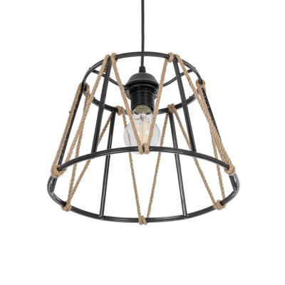 GloboStar® JUTE 203-0090 Μοντέρνο Κρεμαστό Φωτιστικό Σχοινί Μονόφωτο 1 x E27 IP20 Μαύρο Πλαστικό με Μπεζ Σχοινί - Μ30 x Π30 x Υ23cm