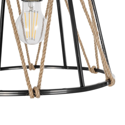 GloboStar® JUTE 203-0090 Μοντέρνο Κρεμαστό Φωτιστικό Σχοινί Μονόφωτο 1 x E27 IP20 Μαύρο Πλαστικό με Μπεζ Σχοινί - Μ30 x Π30 x Υ23cm