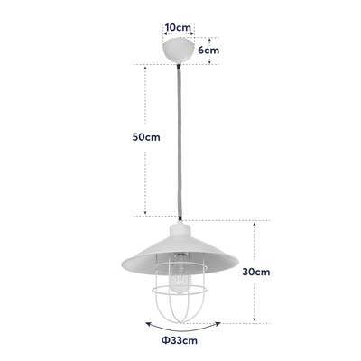 GloboStar® TULUB 203-0010 Vintage Κρεμαστό Φωτιστικό Καμπάνα Μονόφωτο 1 x E27 IP20 Λευκό Μέταλλο με Μπεζ Σχοινί - Μ33 x Π33 x Υ30cm