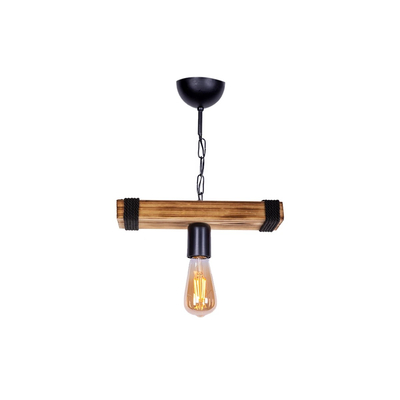 GloboStar® GLISTER 201-0001 Vintage Κρεμαστό Φωτιστικό Ράγα Μονόφωτο 1 x E27 IP20 Μπεζ Ξύλο με Μαύρο Σχοινί - Μ30 x Π10 x Υ60cm