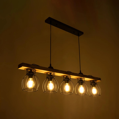 GloboStar® BARISTA 203-0095 Vintage Κρεμαστό Φωτιστικό Ράγα Πολύφωτο 5 x E27 IP20 Μαύρο Μεταλλό με Μπεζ Ξύλο - Μ50 x Π8 x Υ3cm