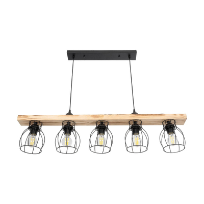 GloboStar® BARISTA 203-0095 Vintage Κρεμαστό Φωτιστικό Ράγα Πολύφωτο 5 x E27 IP20 Μαύρο Μεταλλό με Μπεζ Ξύλο - Μ50 x Π8 x Υ3cm