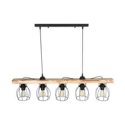 GloboStar® BARISTA 203-0095 Vintage Κρεμαστό Φωτιστικό Ράγα Πολύφωτο 5 x E27 IP20 Μαύρο Μεταλλό με Μπεζ Ξύλο - Μ50 x Π8 x Υ3cm