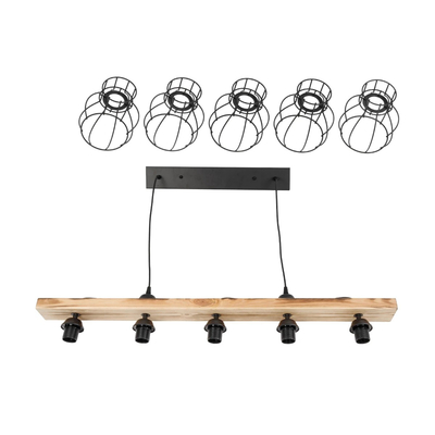 GloboStar® BARISTA 203-0095 Vintage Κρεμαστό Φωτιστικό Ράγα Πολύφωτο 5 x E27 IP20 Μαύρο Μεταλλό με Μπεζ Ξύλο - Μ50 x Π8 x Υ3cm