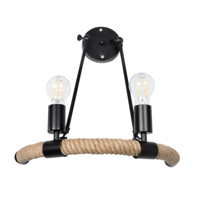 GloboStar® CROWN 01002 Vintage Επιτοίχιο Φωτιστικό Απλίκα Δίφωτο 2 x E27 IP20 Μαύρο Μέταλλο με Μπεζ Σχοινί - Μ41 x Π24 x Υ40cm
