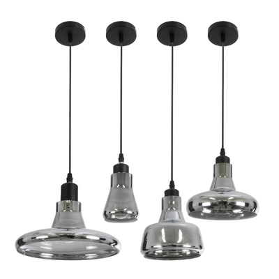 GloboStar® FEMINE 01011 Μοντέρνο Κρεμαστό Φωτιστικό Καμπάνα Σετ Πολύφωτο 4 x E27 IP20 Φιμέ Γυαλί με Μαύρο Μέταλλο - Μ70 x Π70 x Y24.5cm