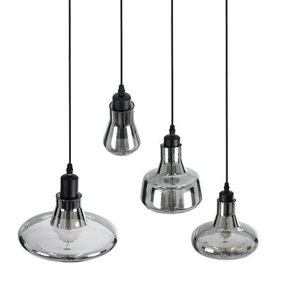 GloboStar® FEMINE 01011 Μοντέρνο Κρεμαστό Φωτιστικό Καμπάνα Σετ Πολύφωτο 4 x E27 IP20 Φιμέ Γυαλί με Μαύρο Μέταλλο - Μ70 x Π70 x Y24.5cm