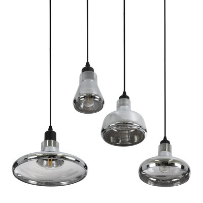 GloboStar® FEMINE 01011 Μοντέρνο Κρεμαστό Φωτιστικό Καμπάνα Σετ Πολύφωτο 4 x E27 IP20 Φιμέ Γυαλί με Μαύρο Μέταλλο - Μ70 x Π70 x Y24.5cm