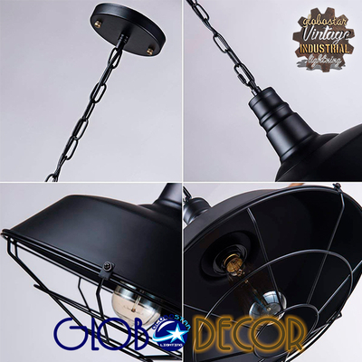 GloboStar® BARN 01048 Vintage Κρεμαστό Φωτιστικό Καμπάνα Μονόφωτο 1 x E27 IP20 Μαύρο Μέταλλο - Μ46 x Π46 x Υ25cm