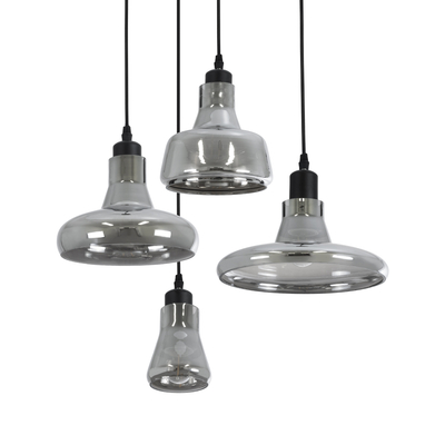 GloboStar® FEMINE 01011 Μοντέρνο Κρεμαστό Φωτιστικό Καμπάνα Σετ Πολύφωτο 4 x E27 IP20 Φιμέ Γυαλί με Μαύρο Μέταλλο - Μ70 x Π70 x Y24.5cm