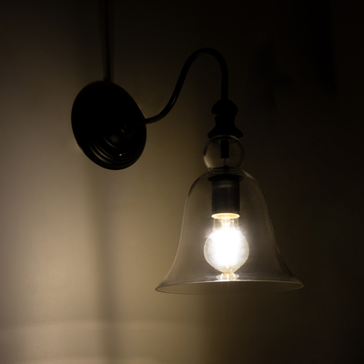 GloboStar® LILLY 01064 Vintage Επιτοίχιο Φωτιστικό Απλίκα Μονόφωτο 1 x E27 IP20 Μαύρο Μέταλλο με Διάφανο Γυαλί - Μ38 x Π20 x Υ37cm