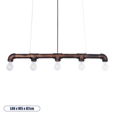 GloboStar® CANAL 01070 Vintage Κρεμαστό Φωτιστικό Ράγα Πολύφωτο 5 x E27 IP20 Χάλκινο Μέταλλο - Μ88 x Π5 x Υ7cm